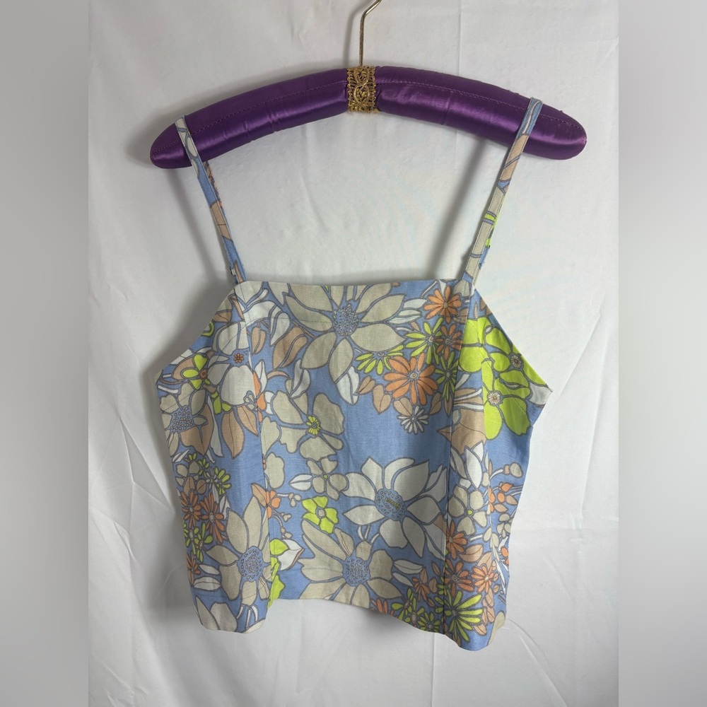 Boho Blue Floral Linen Blend Retro Cottagecore Sleeveless Top‎ Women’s Size M